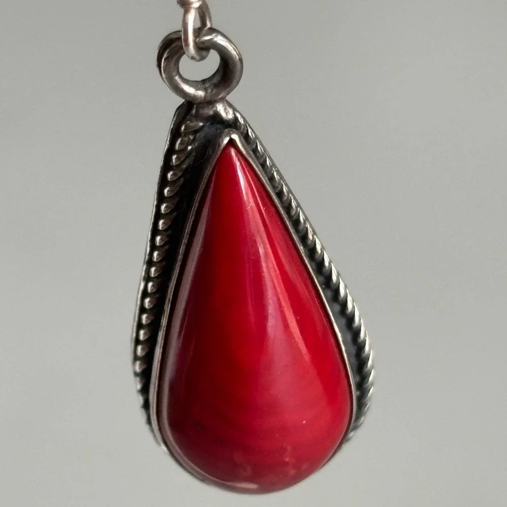 925 Sterling Silver Red Stone Teardrop Drop Earrings Southwest Twisted Rope 1.5